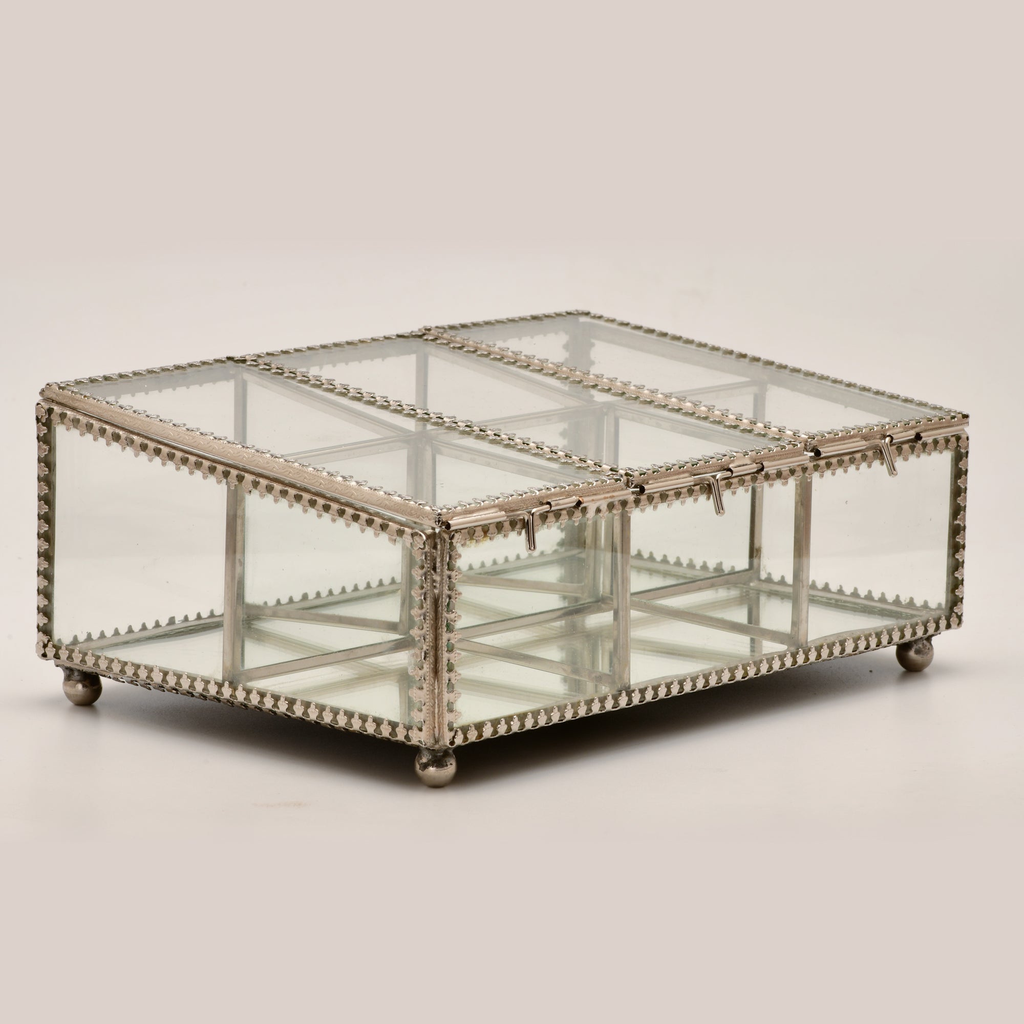 Decorative Six Compartment Glass Jewelry Box