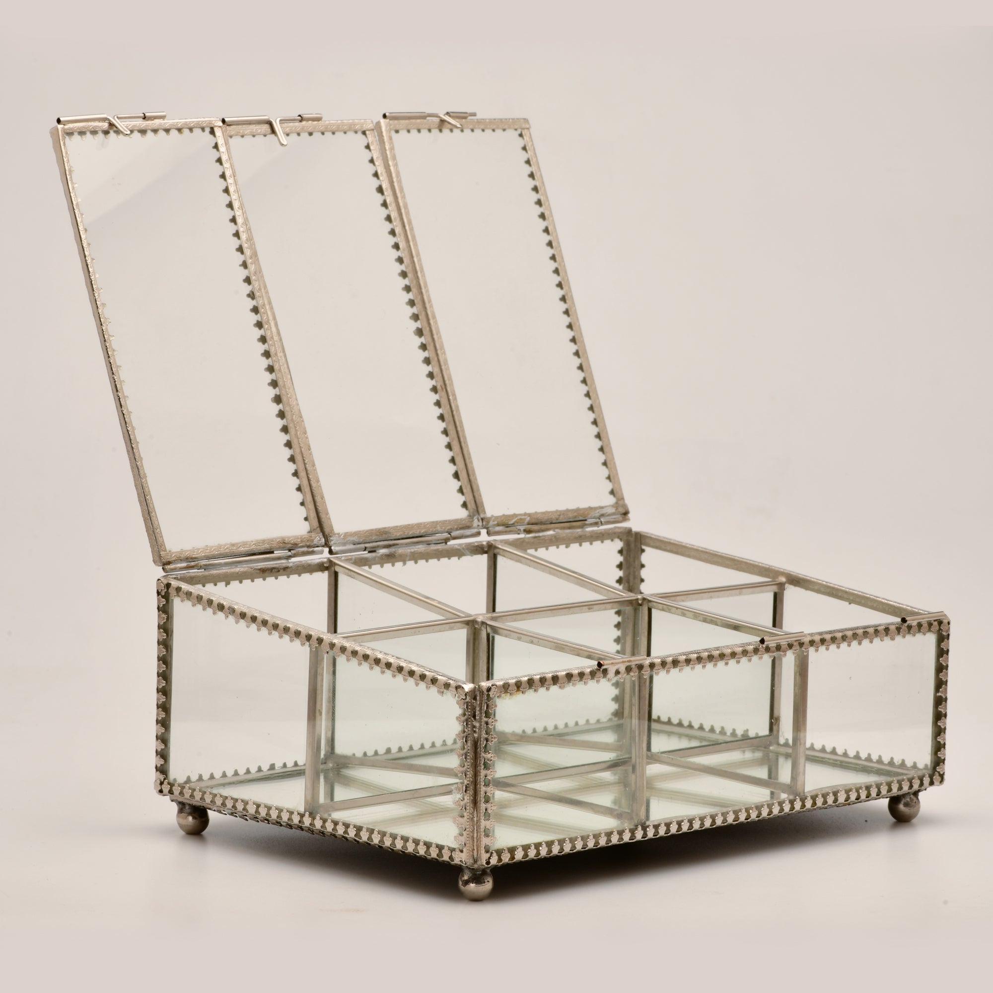 Decorative Six Compartment Glass Jewelry Box