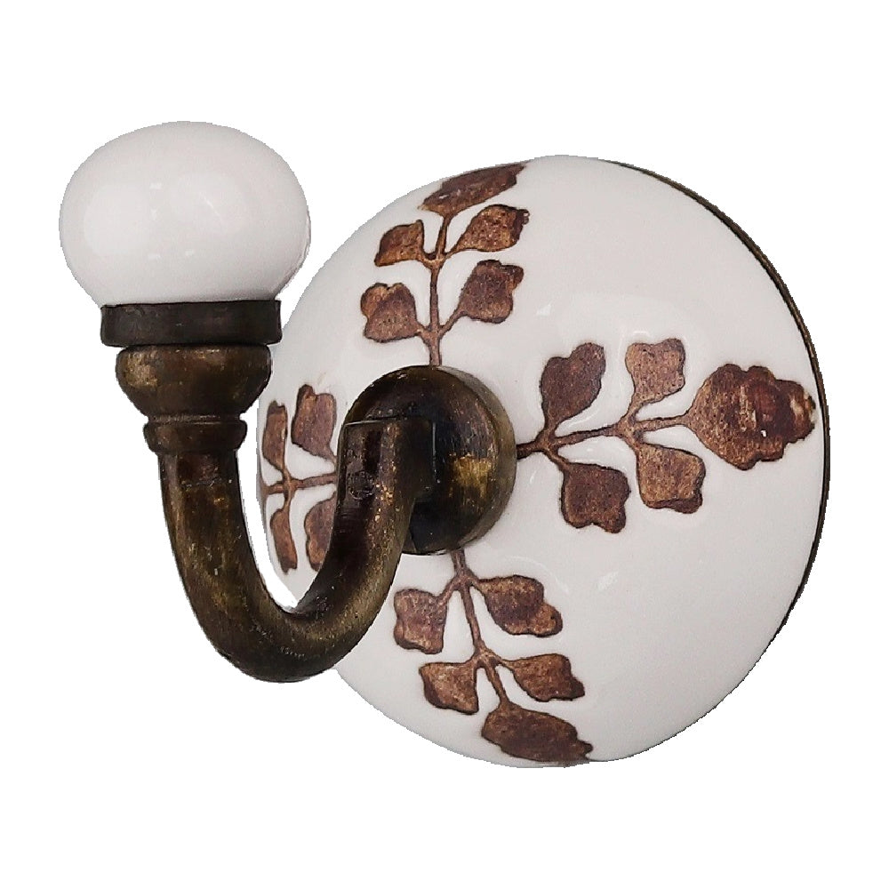 Ceramic Wall Hook – Brown Etched Leaf Pattern