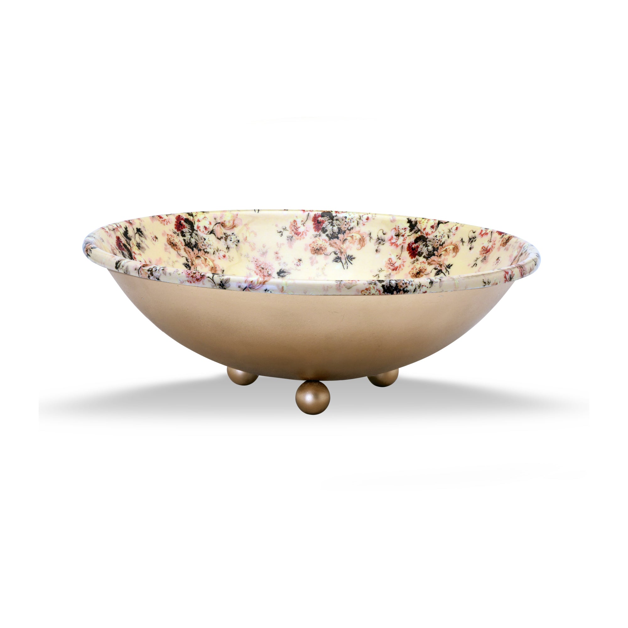 Enamel Serve Bowl with Floral Pattern & Gold Finish