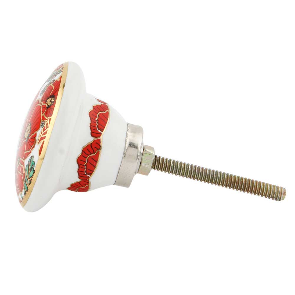 Red Gold Poppy Flower Ceramic Cabinet Knob