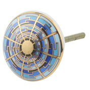 Blue Geometric Ceramic Cabinet Knob with Gold Detail