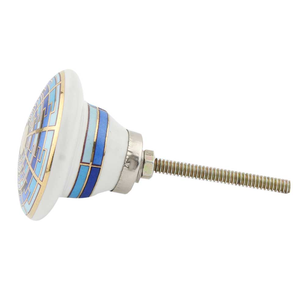 Blue Geometric Ceramic Cabinet Knob with Gold Detail