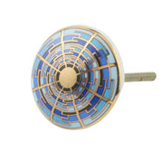 Blue Geometric Ceramic Cabinet Knob with Gold Detail