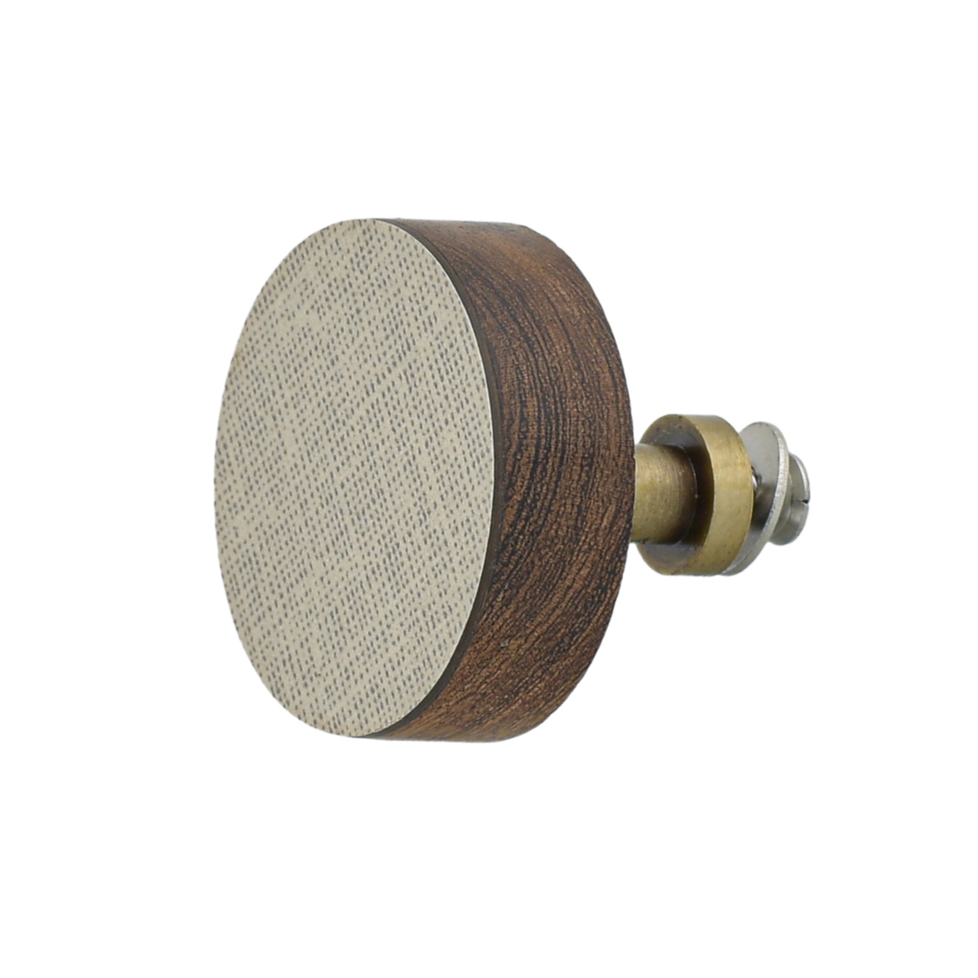 Acacia Wood Cabinet Knob with Linen Weave Laminate & Brass Projection