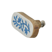 Blue Floral Resin Inlay Cabinet Knob on Wood