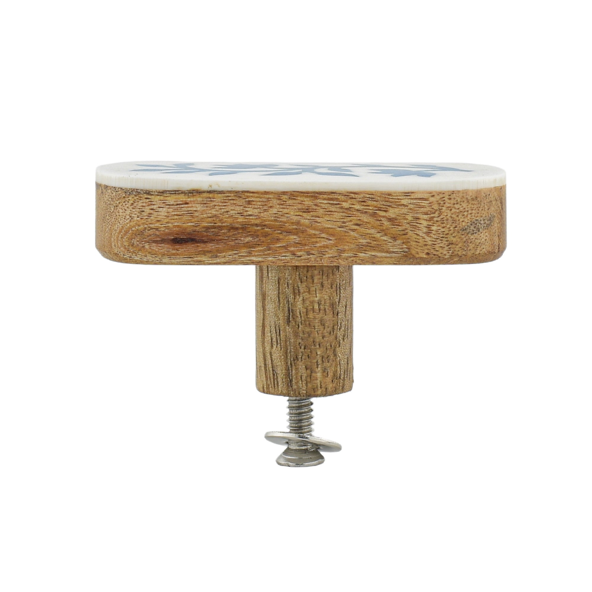 Blue Floral Resin Inlay Cabinet Knob on Wood