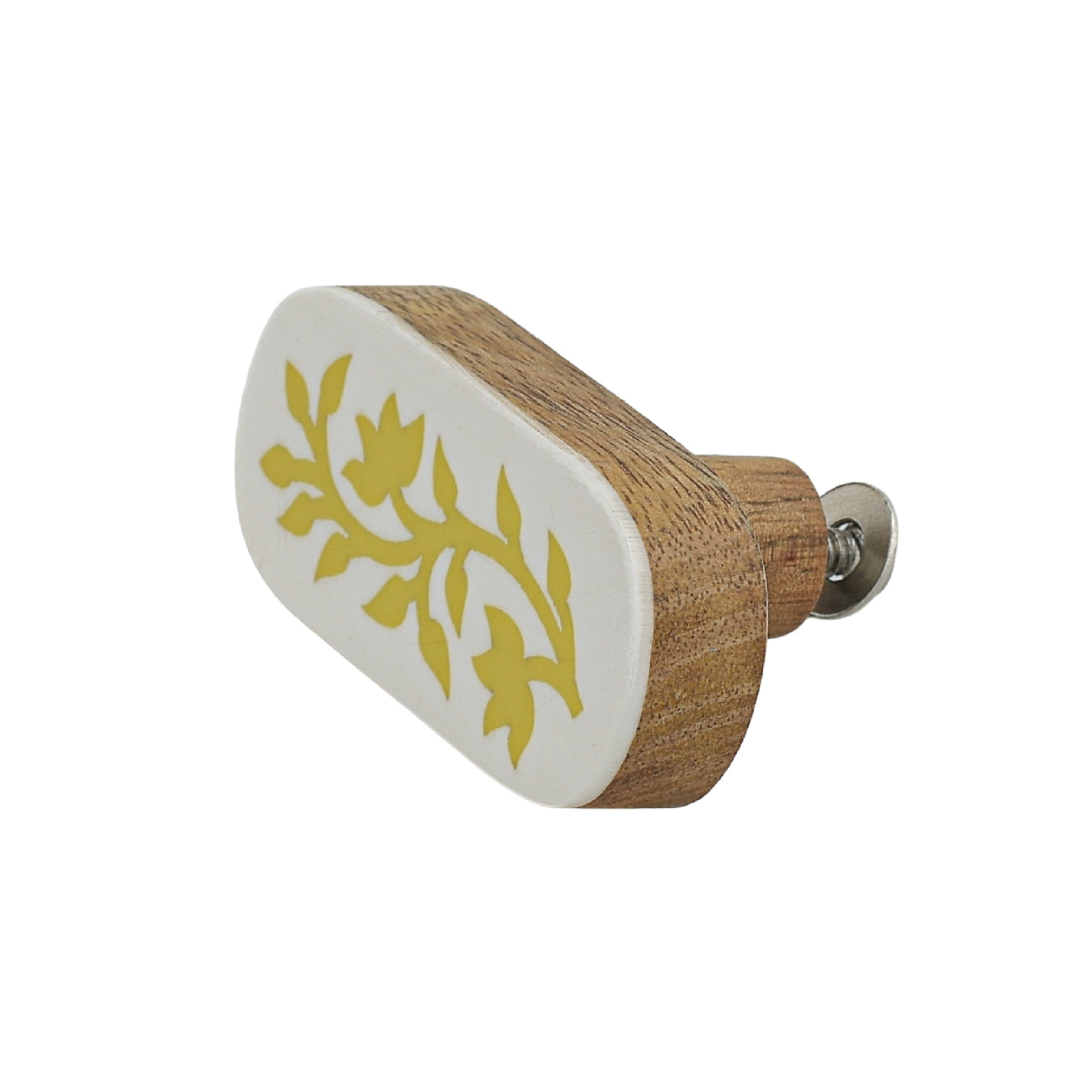 Yellow Floral Resin Inlay Cabinet Knob on Wood