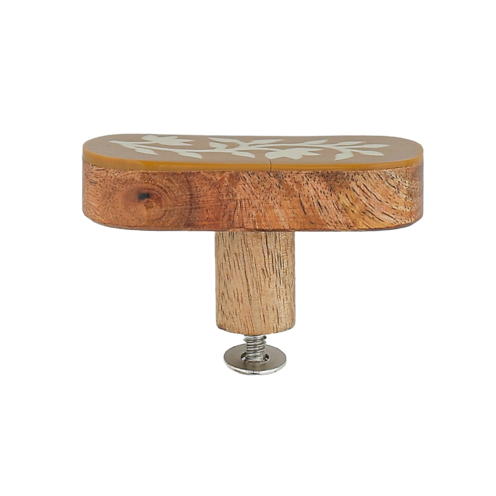 White Floral Resin Inlay Cabinet Knob on Wood