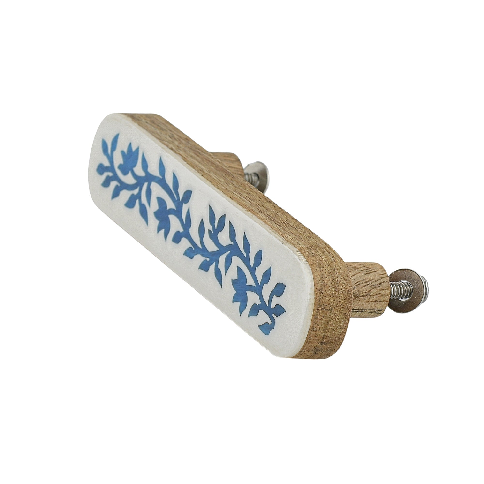 Blue Floral Resin Inlay Cabinet Pull on Wood