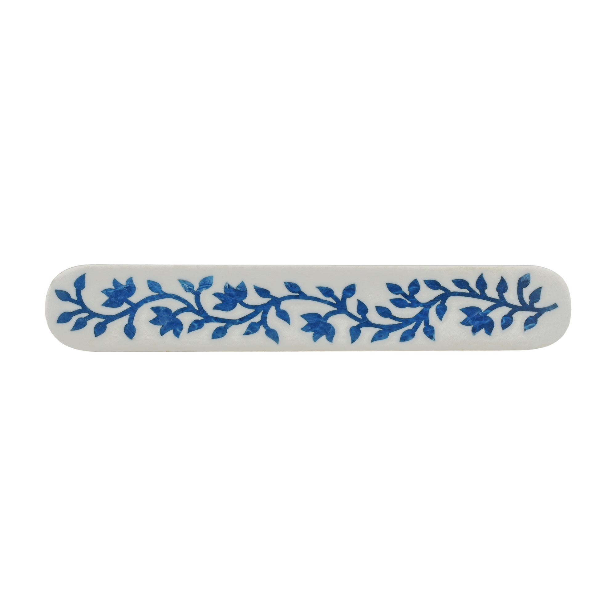 Blue Floral Resin Inlay Cabinet Pull on Wood - 7 Inch