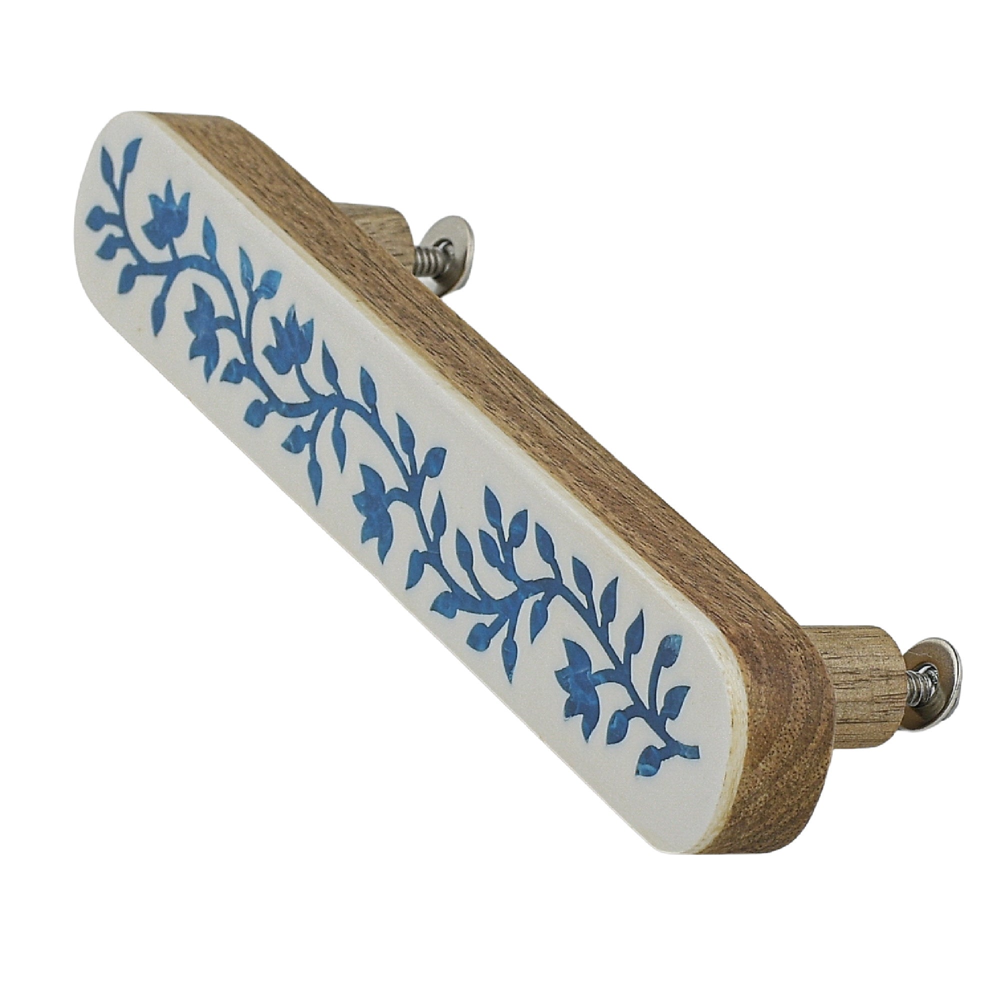 Blue Floral Resin Inlay Cabinet Pull on Wood - 7 Inch