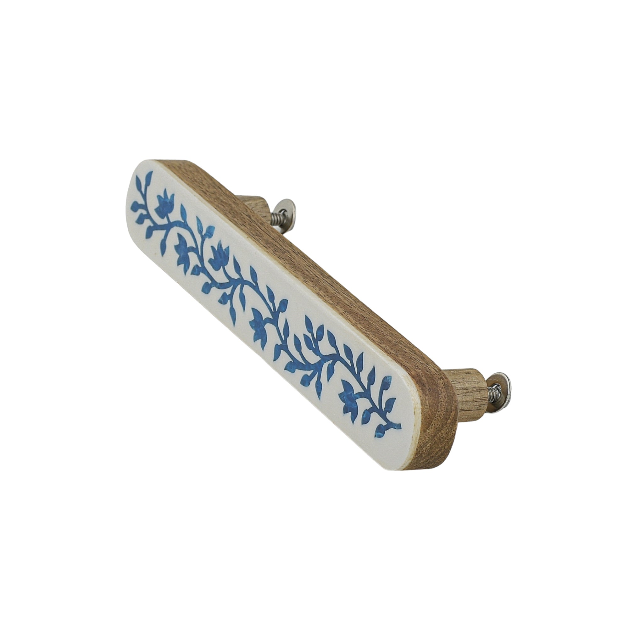 Blue Floral Resin Inlay Cabinet Pull on Wood - 7 Inch