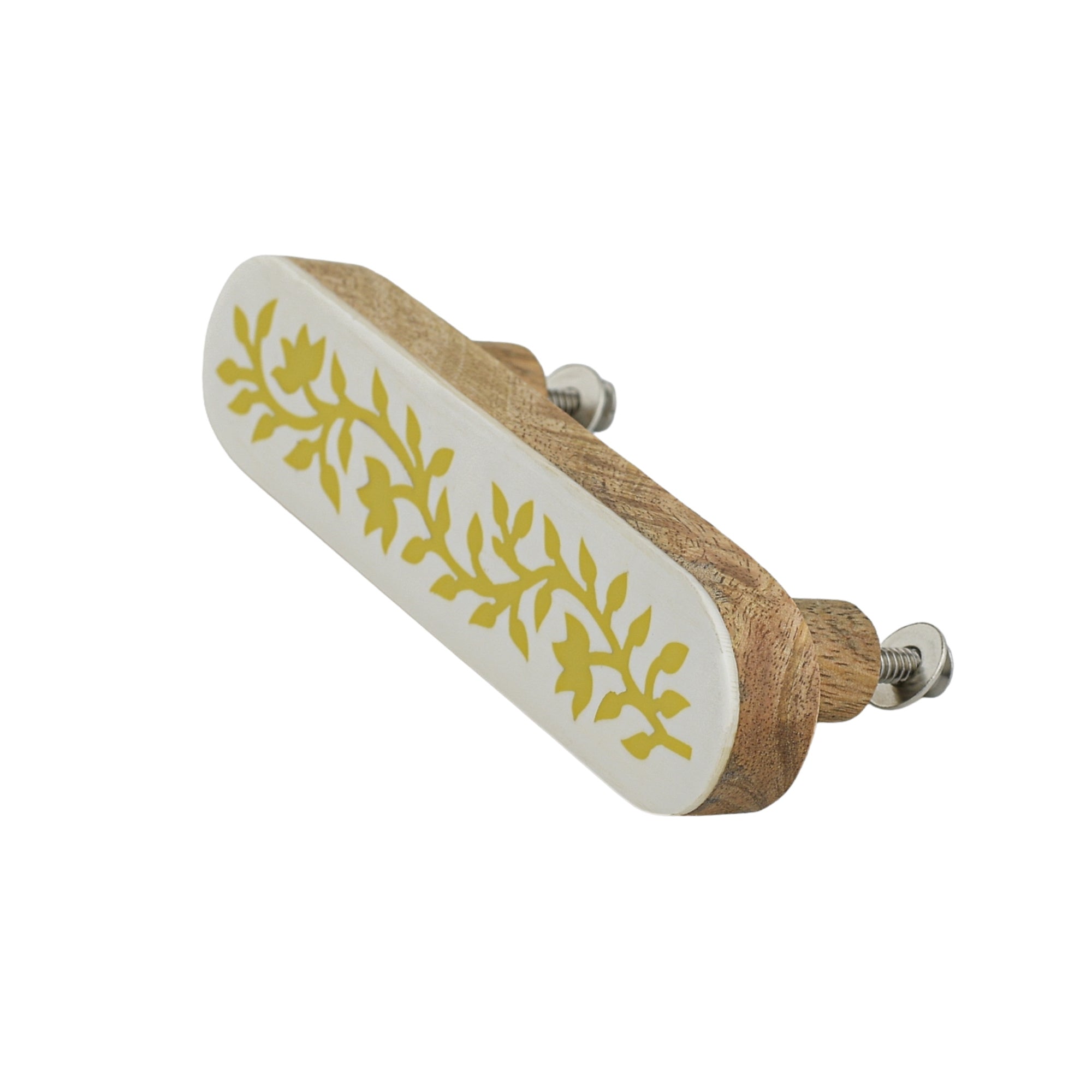 Yellow Floral Resin Inlay Cabinet Pull on Wood