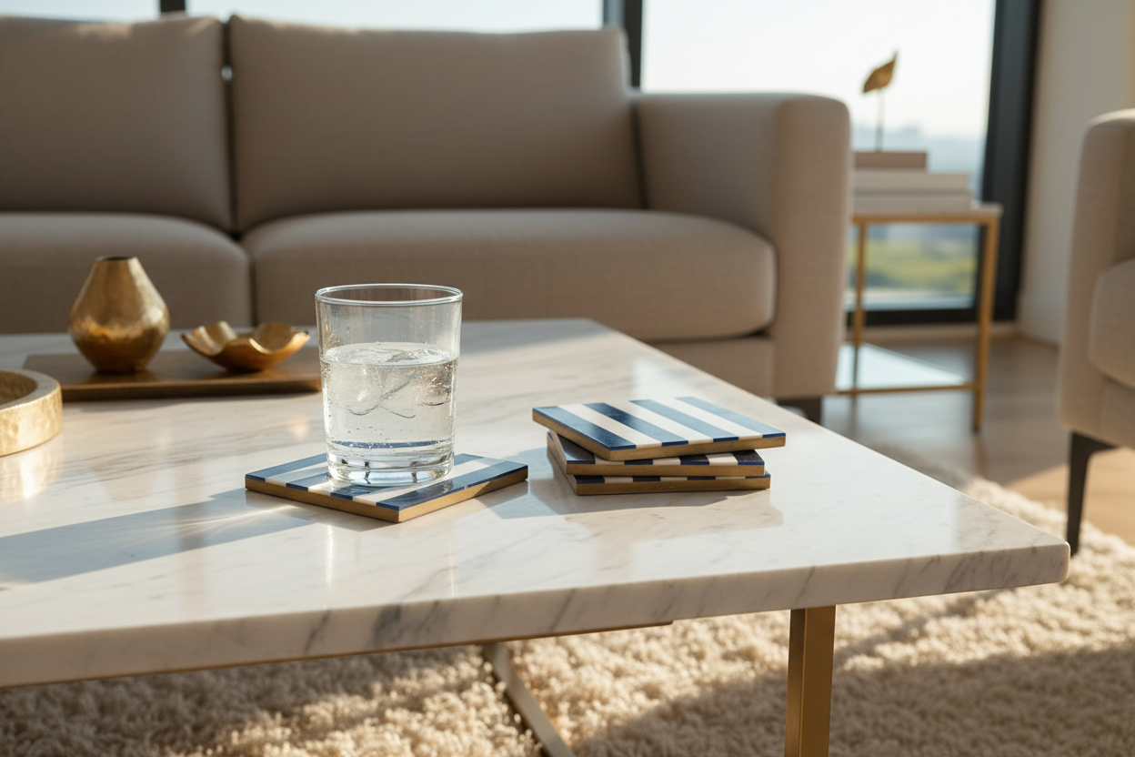 Blue & Ivory Striped Coasters Lifestyle