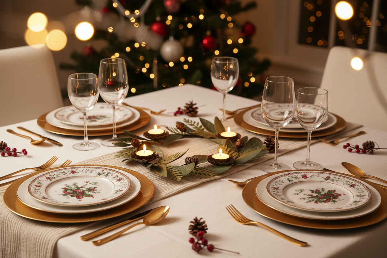 Festive Table Setting with Wreath Tealight Holder